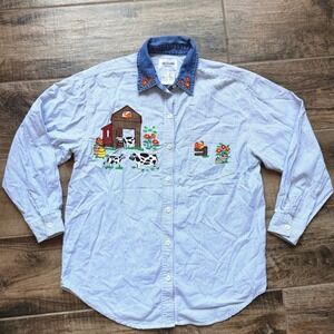 Solutions‎ Original Vintage Women Farm Embroidery Button Down Shirt, Blue, S